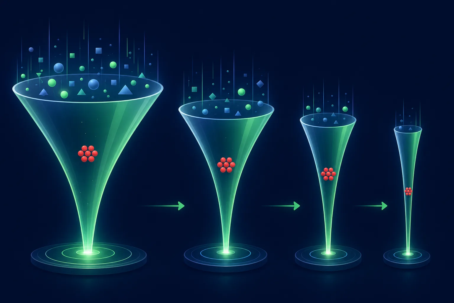 A funnel narrowing sharply while a fixed cluster of red dots stays the same size inside it