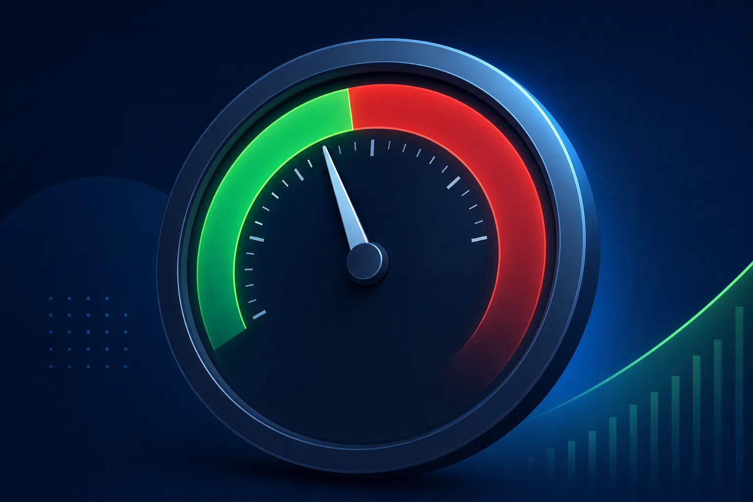 A gauge needle moving from a wide green zone into a narrow red zone